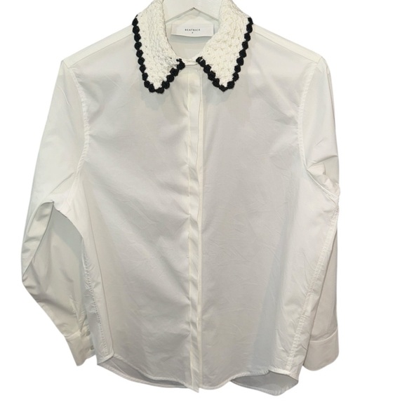Beatrice .b POPLIN COTTON SHIRT KNITTED COLLAR WHITE Oversized Size US 0 - Picture 2 of 6